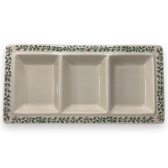 Ceramic Christmas Vintage Off White Holly Berry Trim Platter w/ 3 Compartments - Picture 3 of 13